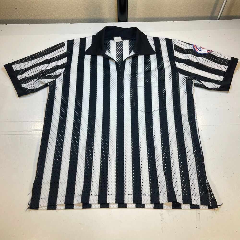VINTAGE CLIFF KEEN ATHLETIC REF REFEREE STRIPED JERSEY SHIRT Sz Mens L GUAM